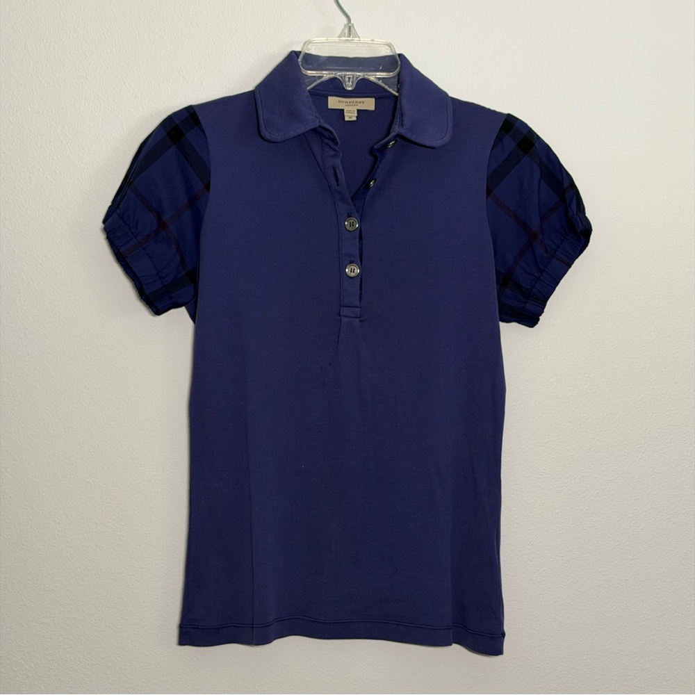 BURBERRY Brit blue cotton polo shirt Nova Check trim w puff sleeves